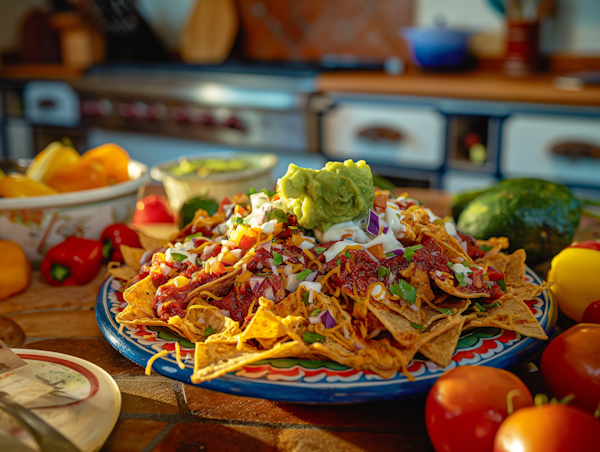 Colorful Homemade Nachos in Kitchen