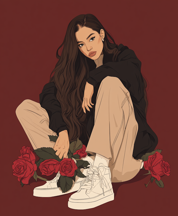 Contemplative Woman with Roses Illustration