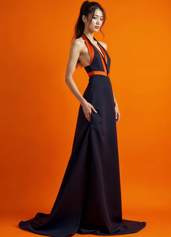 Woman in Elegant Black Dress with Orange Accents