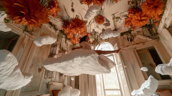 Surreal Floating Woman in Ornate Room