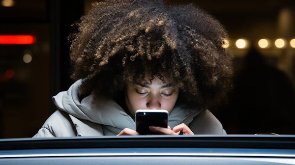 Focused Afro-Haired Person on Smartphone at Night