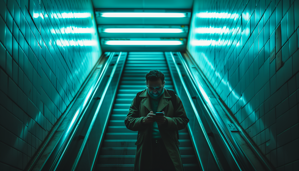 Man on Escalator with Phone in Neon Light