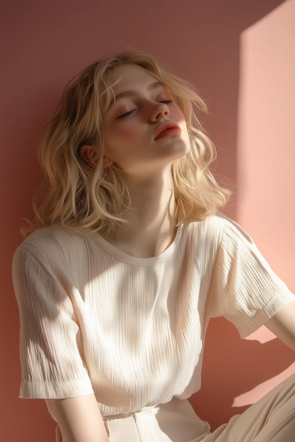 Serene Woman in Soft Pink Setting