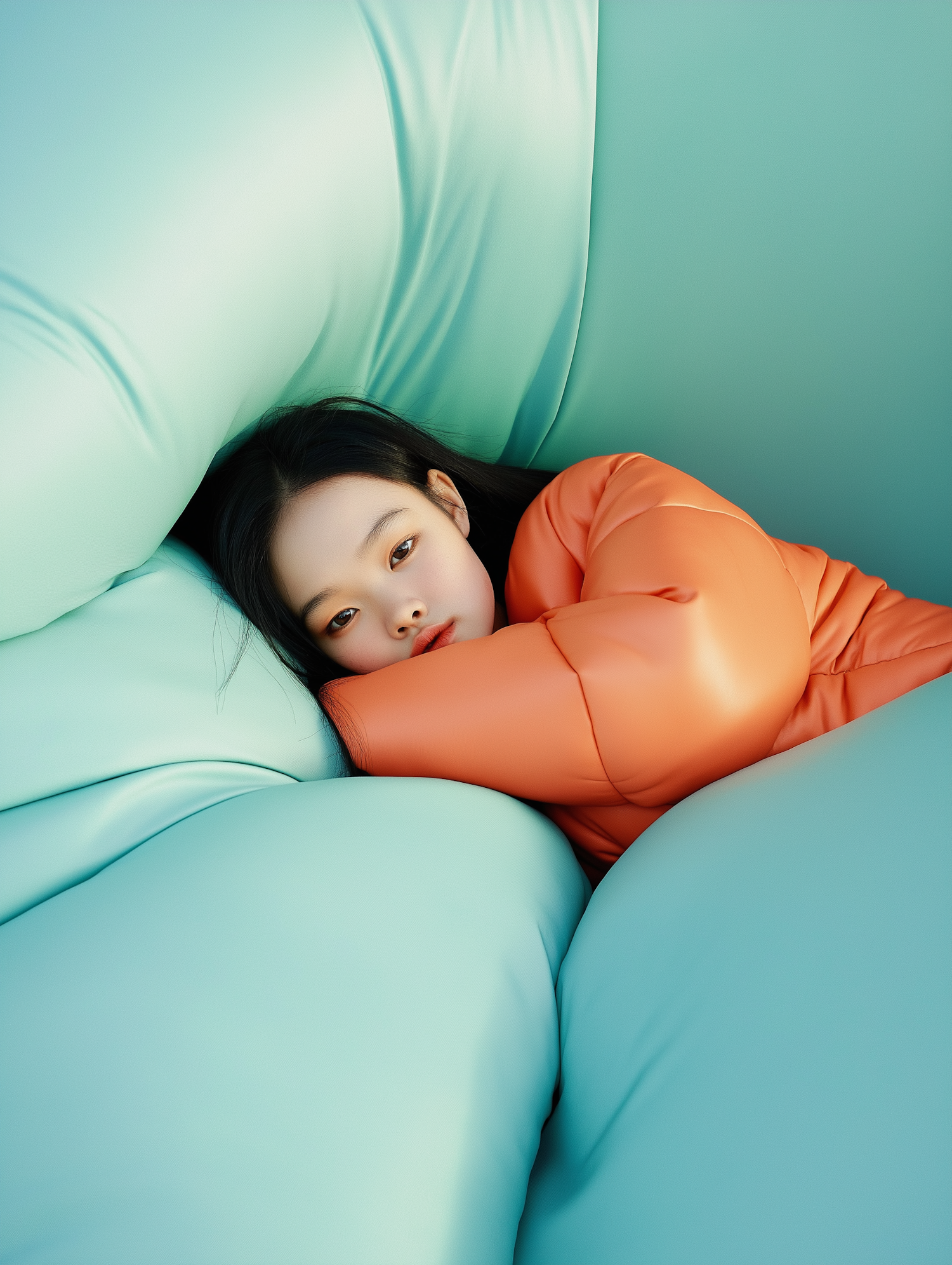 Woman in Orange Puffer Jacket on Light Blue Cushions