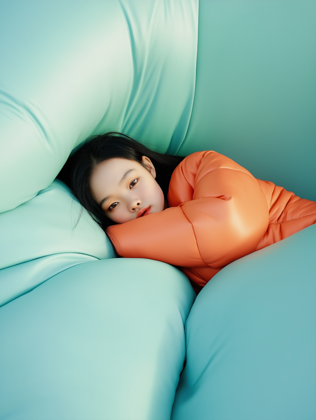 Woman in Orange Puffer Jacket on Light Blue Cushions