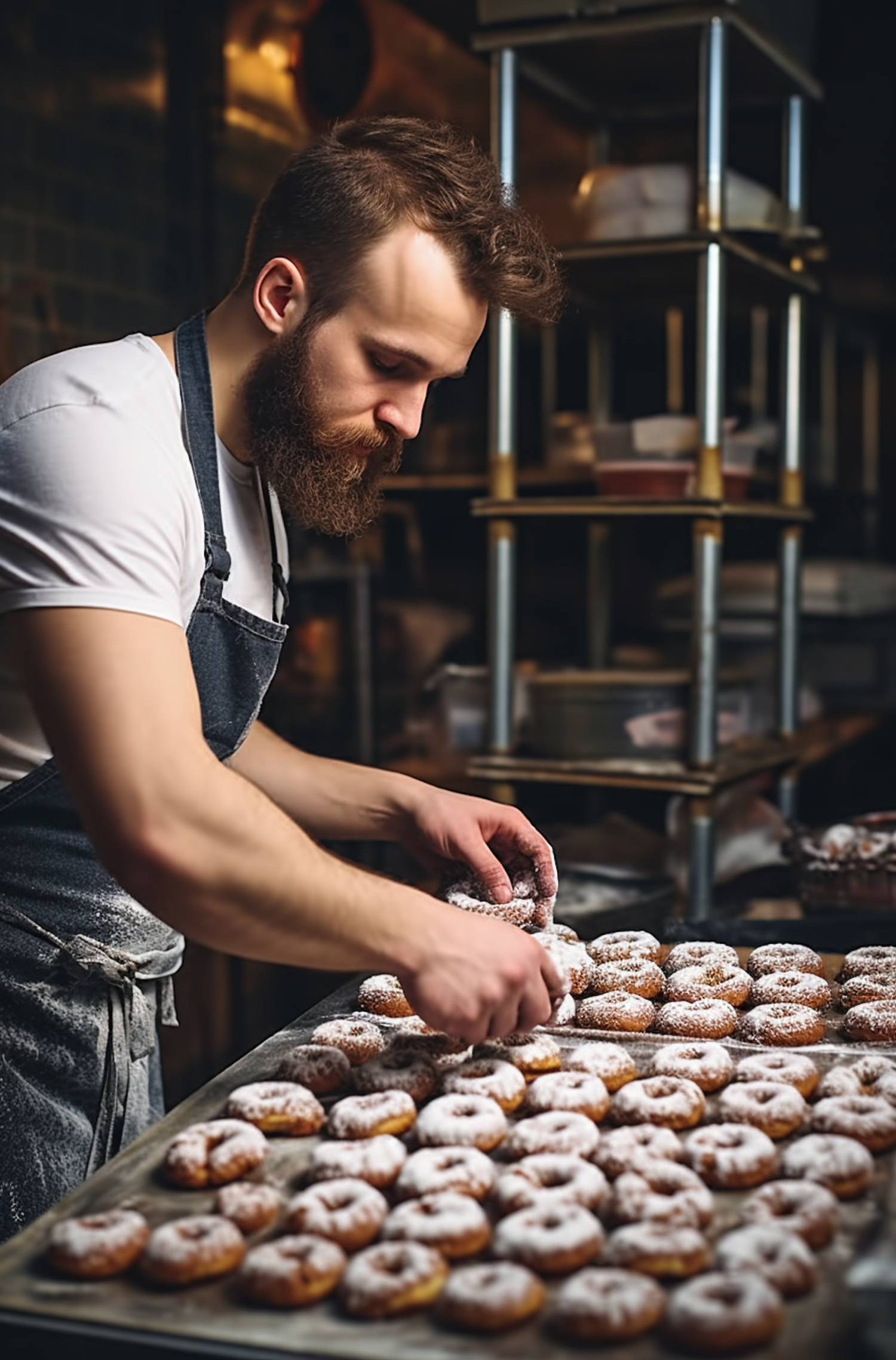 Artisan Baker Arranging Powdered Doughnuts