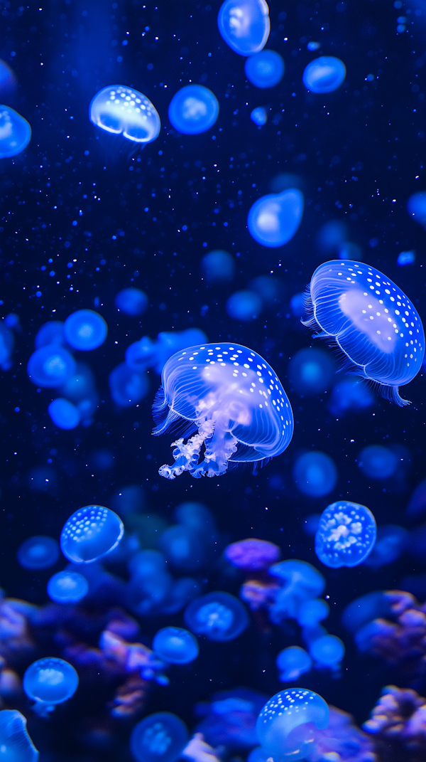 Luminescent Jellyfish in Deep Blue Water