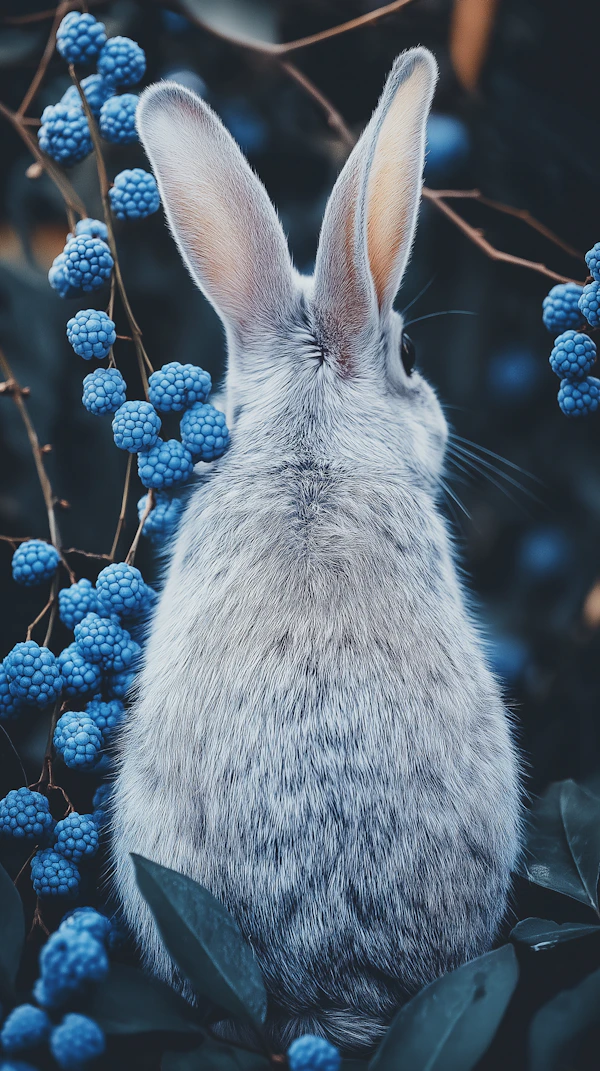 Attentive Grey Rabbit Among Blueberries