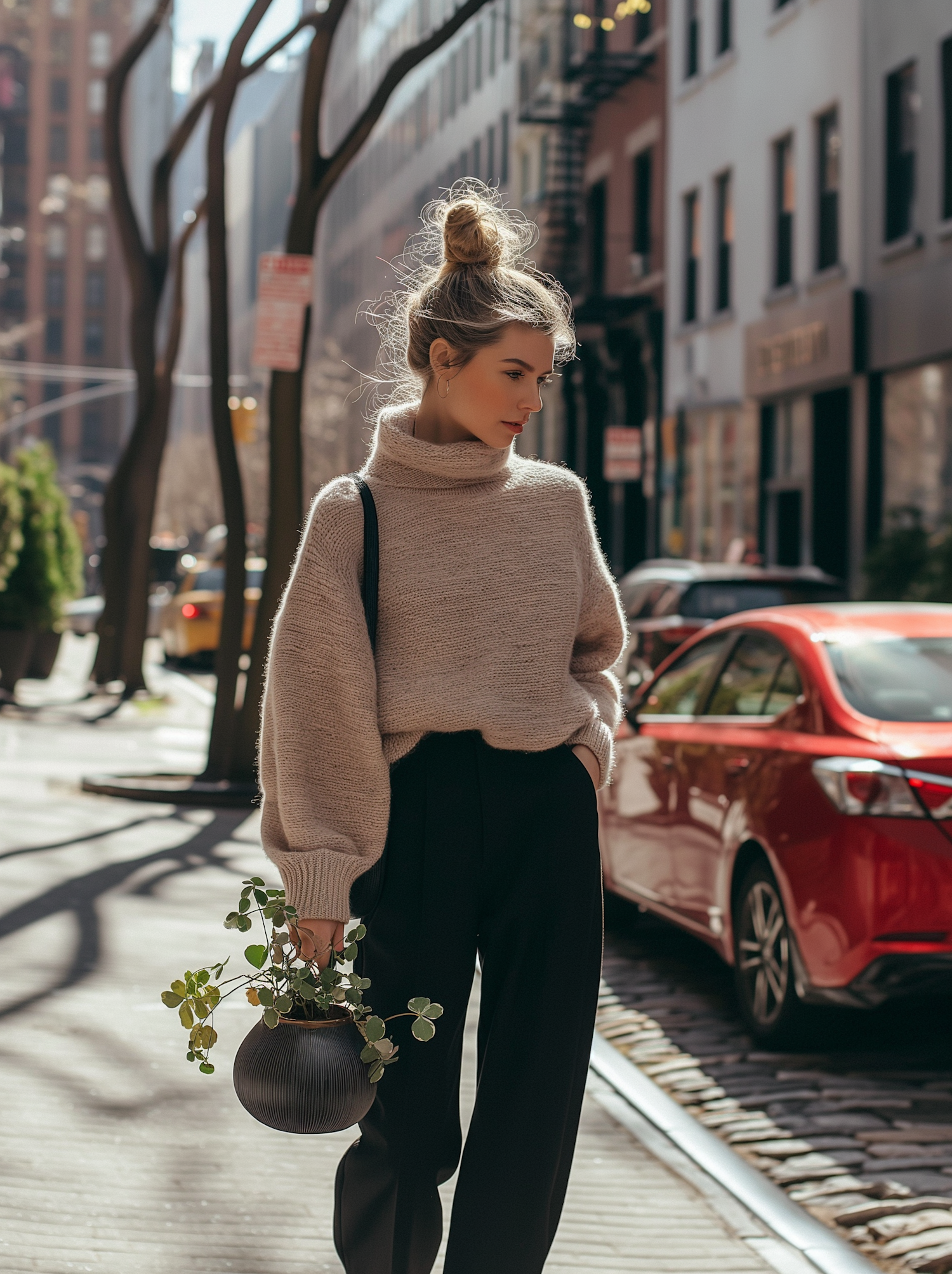 Fashionable Woman with Plant Vase on City Street