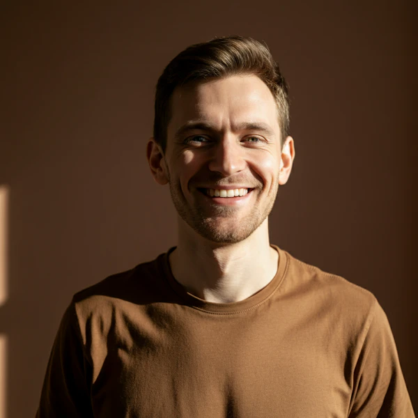 Cheerful Man in Brown Shirt