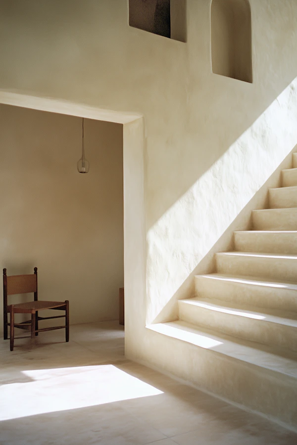 Minimalist Interior with Stairs and Chair