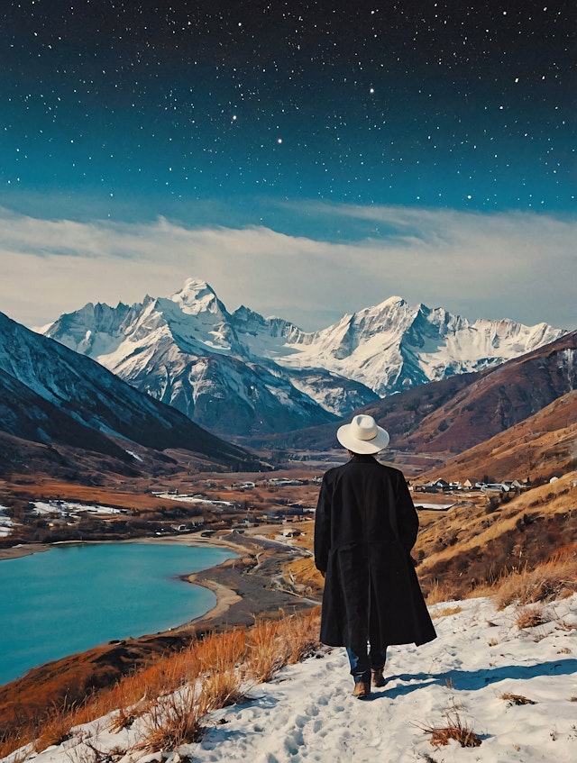 Solitary Figure in Snowy Mountain Landscape