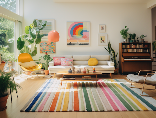 Vibrant Contemporary Living Room with Striped Rug and Yellow Accent Chair