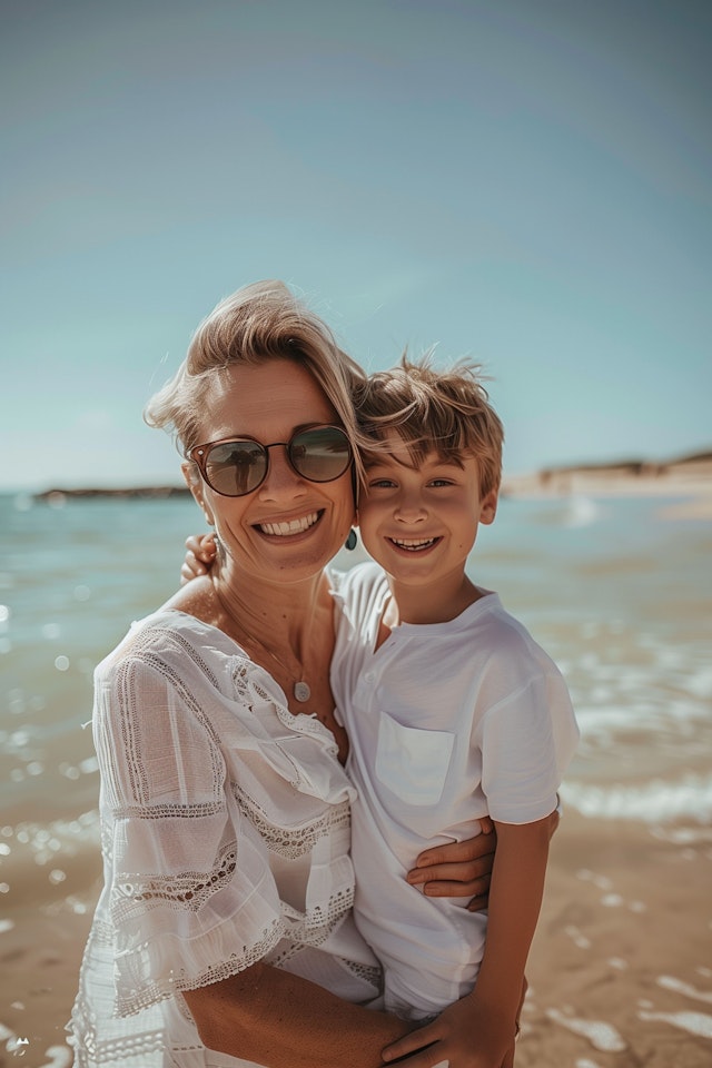 Joyful Family Embrace at Sunny Beach