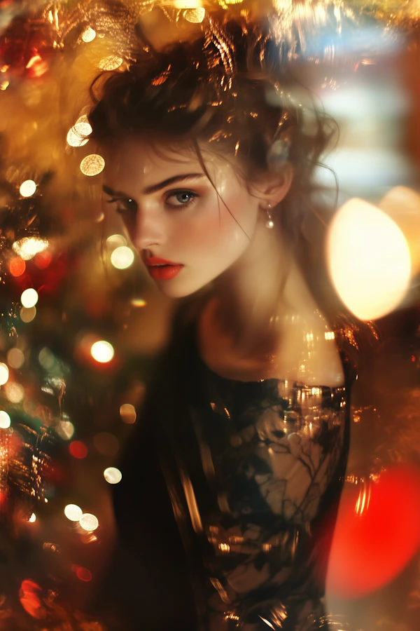 Contemplative Woman with Festive Lights