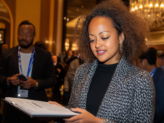 Woman Reading Document at Event