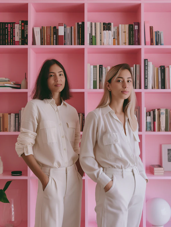 Women in Front of Pink Bookshelf