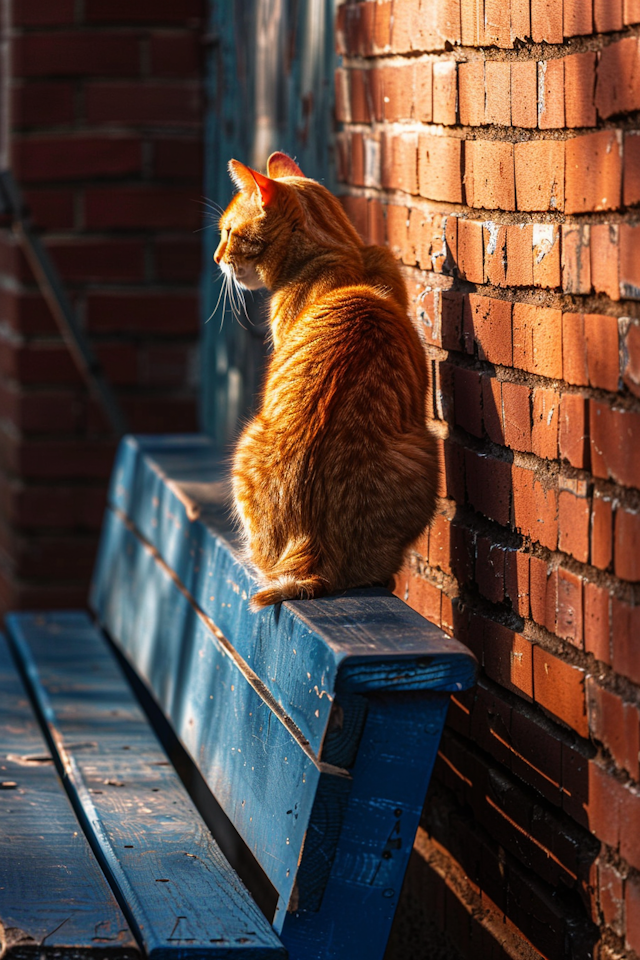 Serene Tabby Cat on Blue Bench