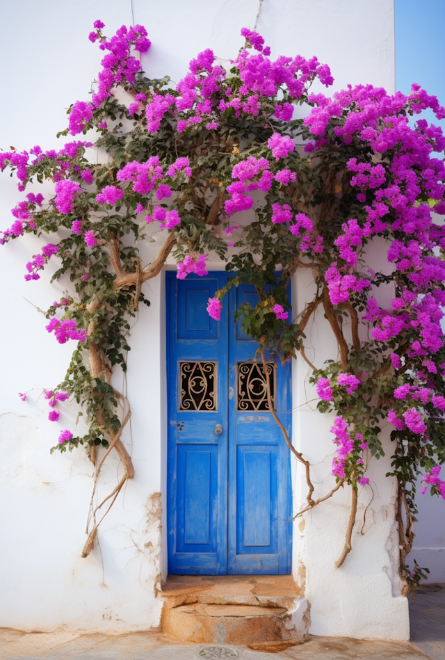 Mediterranean Bliss: Blue Door with Bougainvillea Canopy