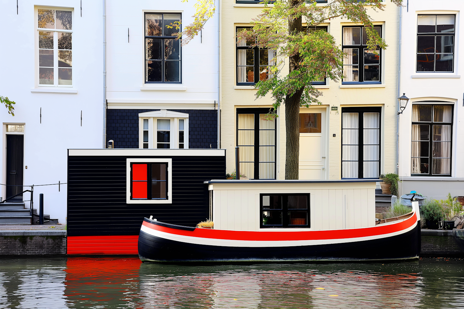 Canal Scene with European Architecture and Houseboats