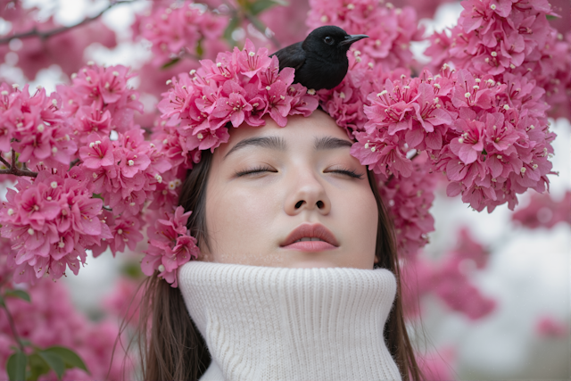 Serene Portrait with Blossoms and Bird