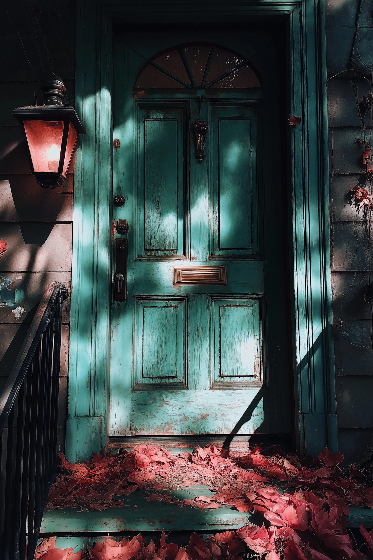 Weathered Teal Door with Autumn Leaves