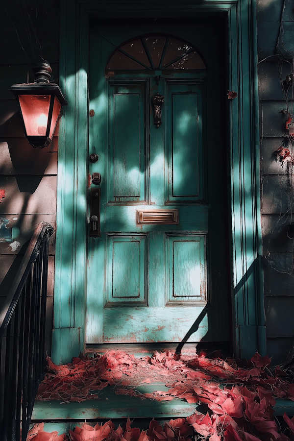 Weathered Teal Door with Autumn Leaves