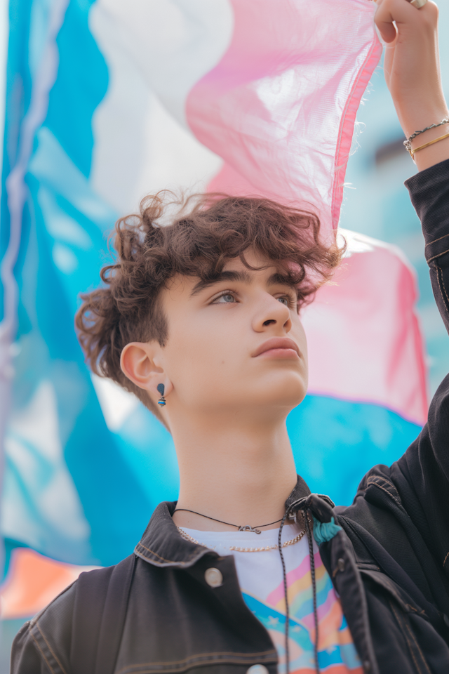 Contemplative Young Man with Colorful Fabric Backdrop