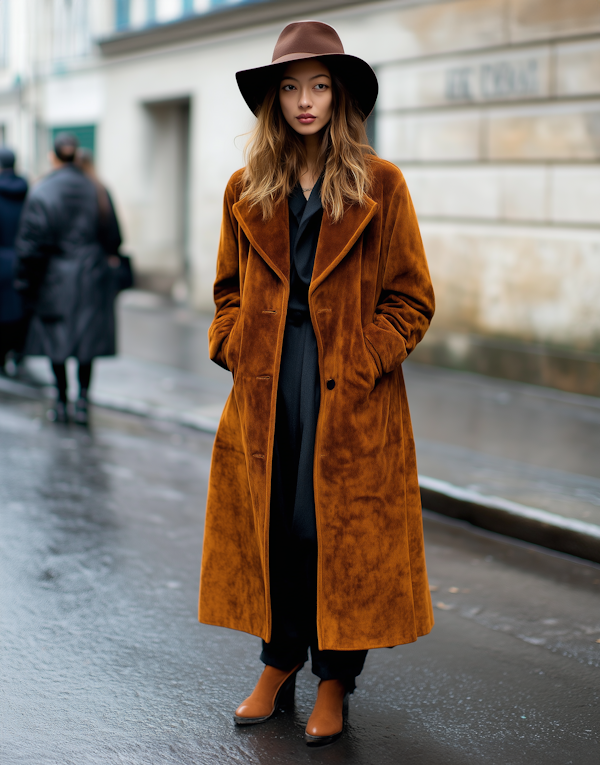 Woman in Rust-Colored Coat on Wet Street