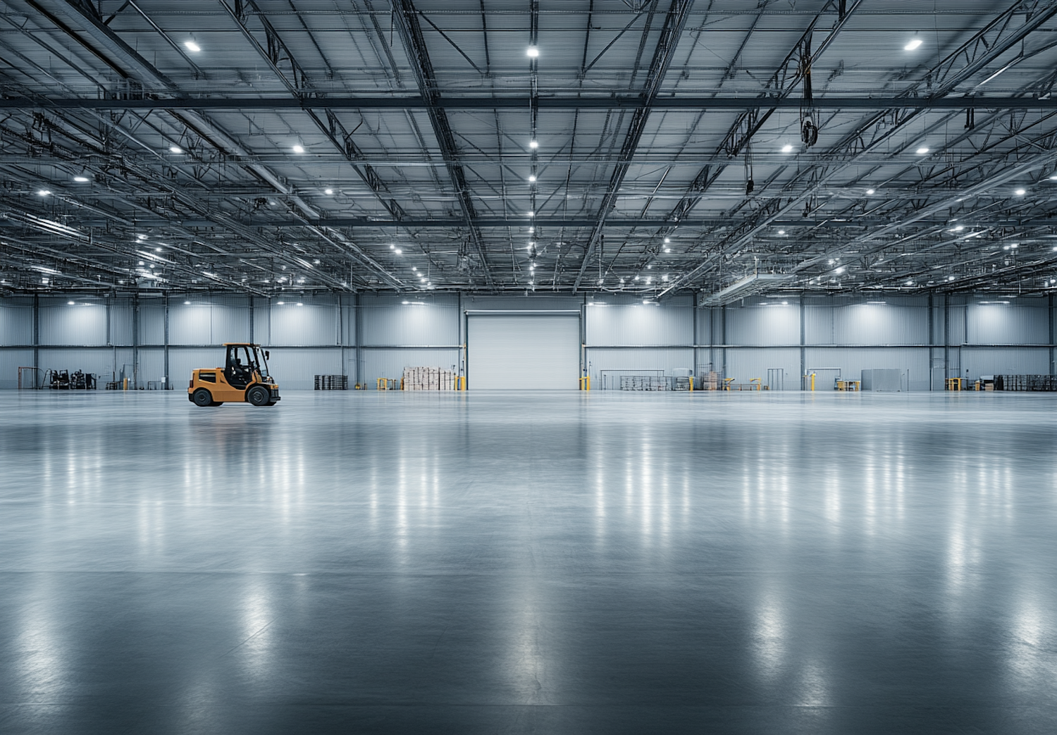 Vast Industrial Warehouse with Orange Forklift