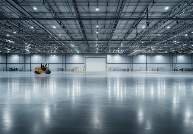 Vast Industrial Warehouse with Orange Forklift