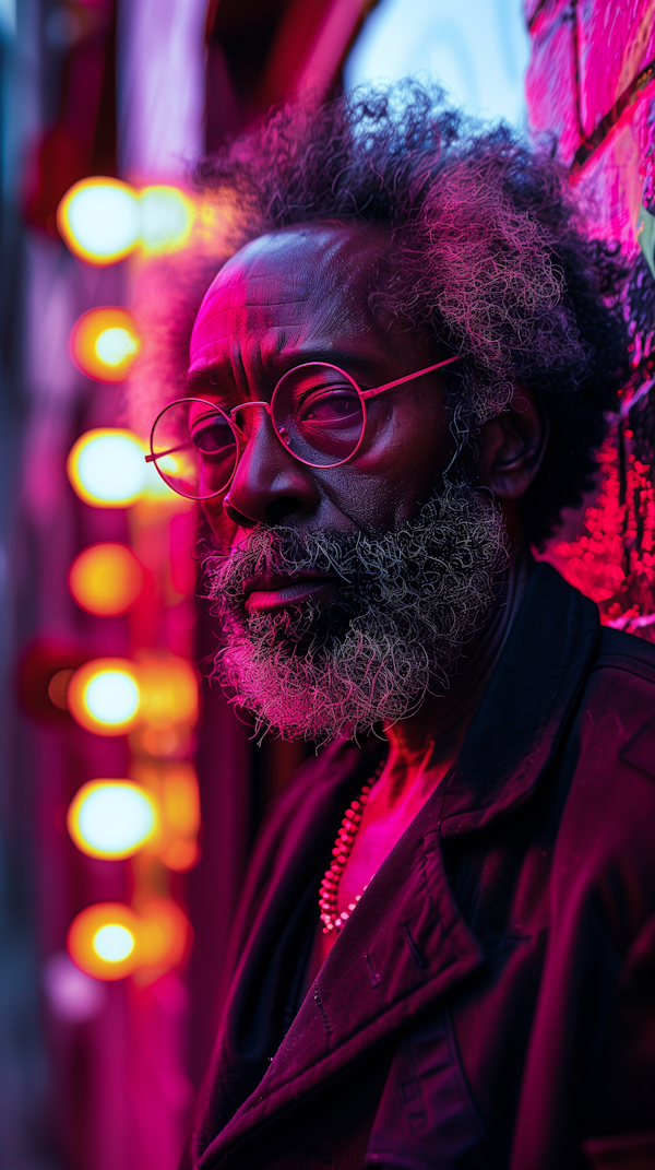 Portrait of an Elderly Man in Neon Light
