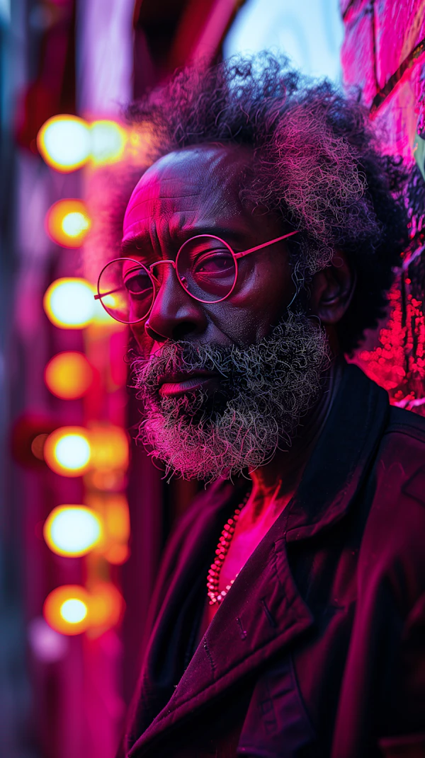 Portrait of an Elderly Man in Neon Light