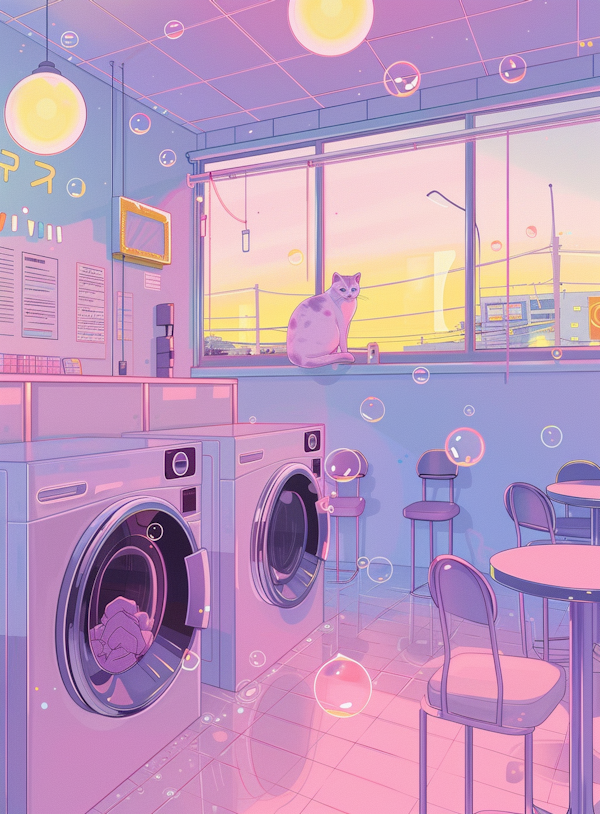 Whimsical Laundromat and Cat