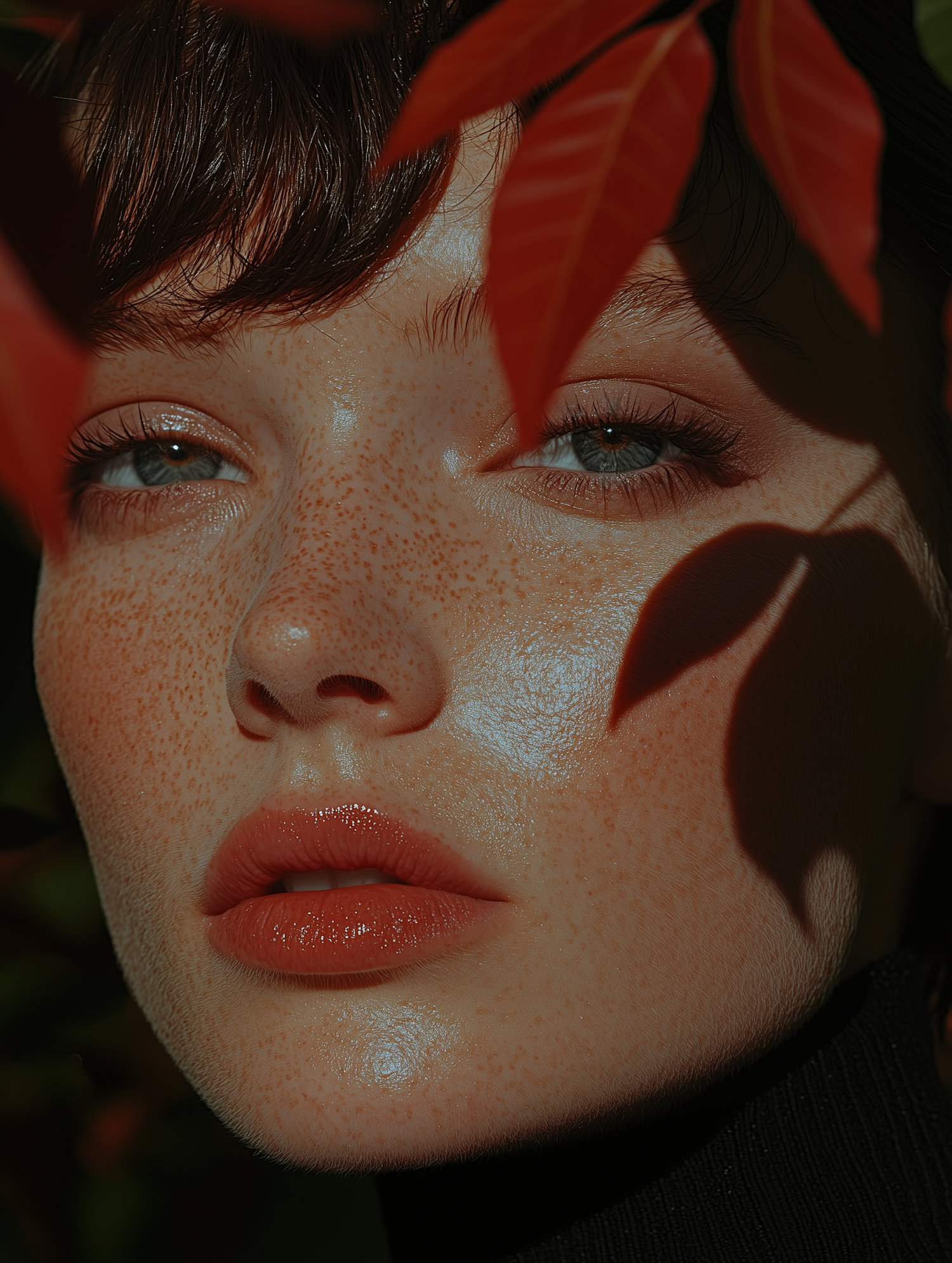 Close-up Portrait with Red Leaves