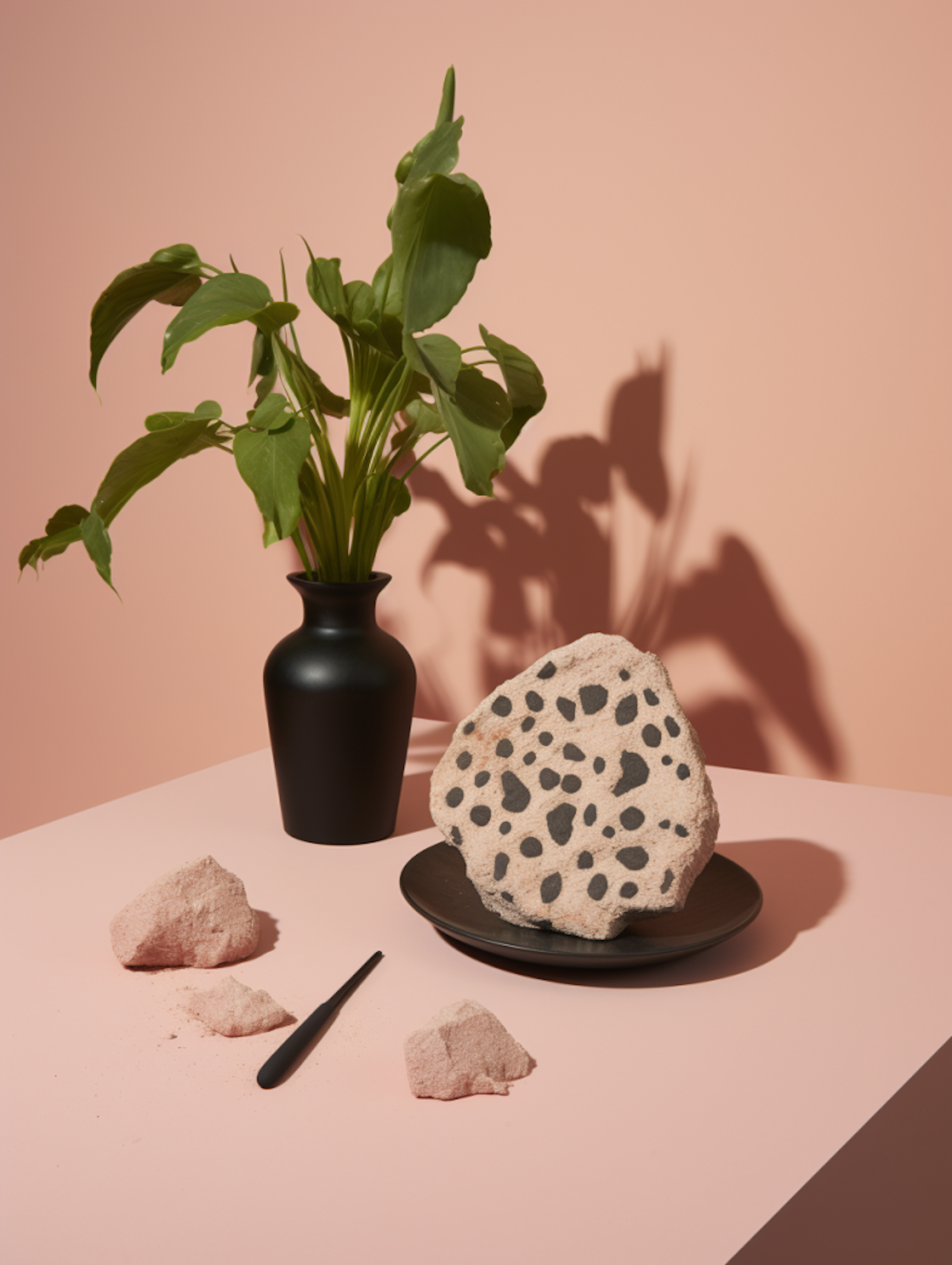 Minimalist Textural Still Life with Stone and Plant