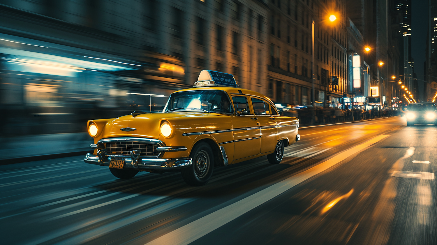 Twilight Motion in Yellow: Vintage NYC Taxi