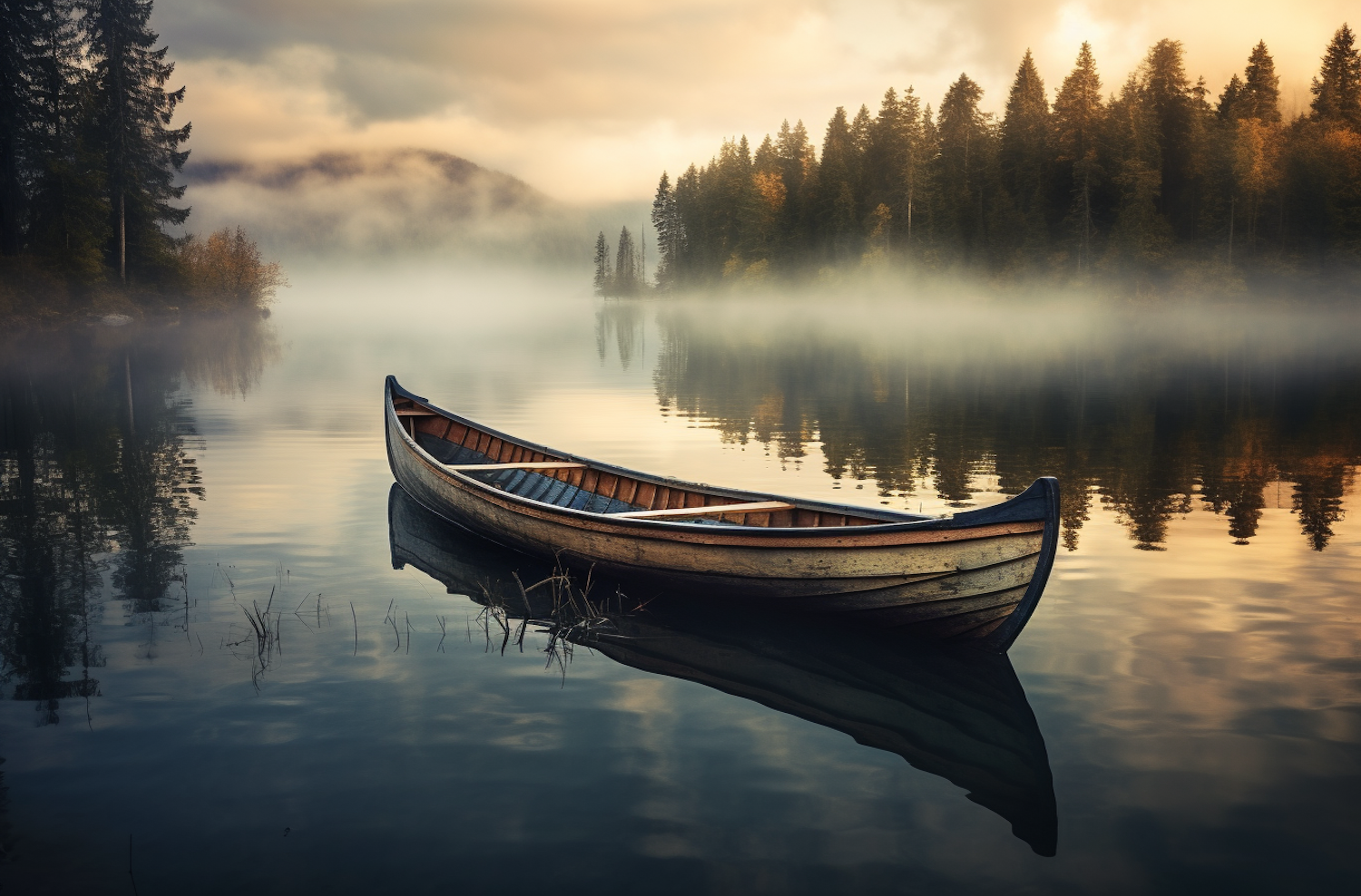 Ethereal Canoe on Misty Lake at Twilight