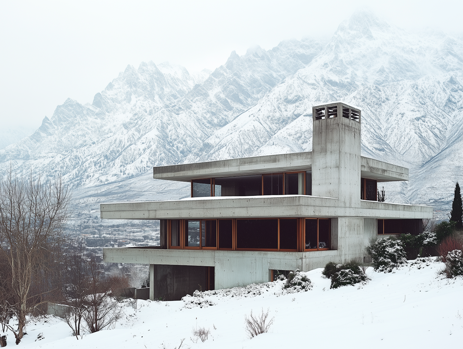 Modern Minimalist Concrete Building in Snowy Mountains