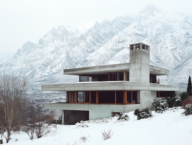 Modern Minimalist Concrete Building in Snowy Mountains