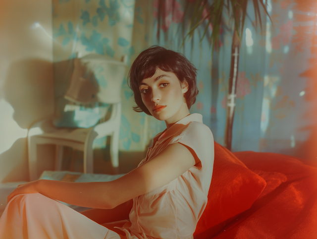 Contemplative Woman on Red Sofa