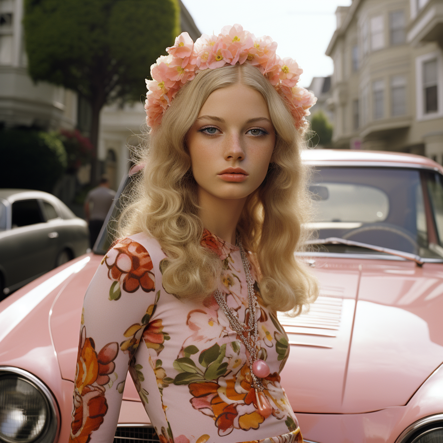 Woman with Flower Crown and Vintage Car