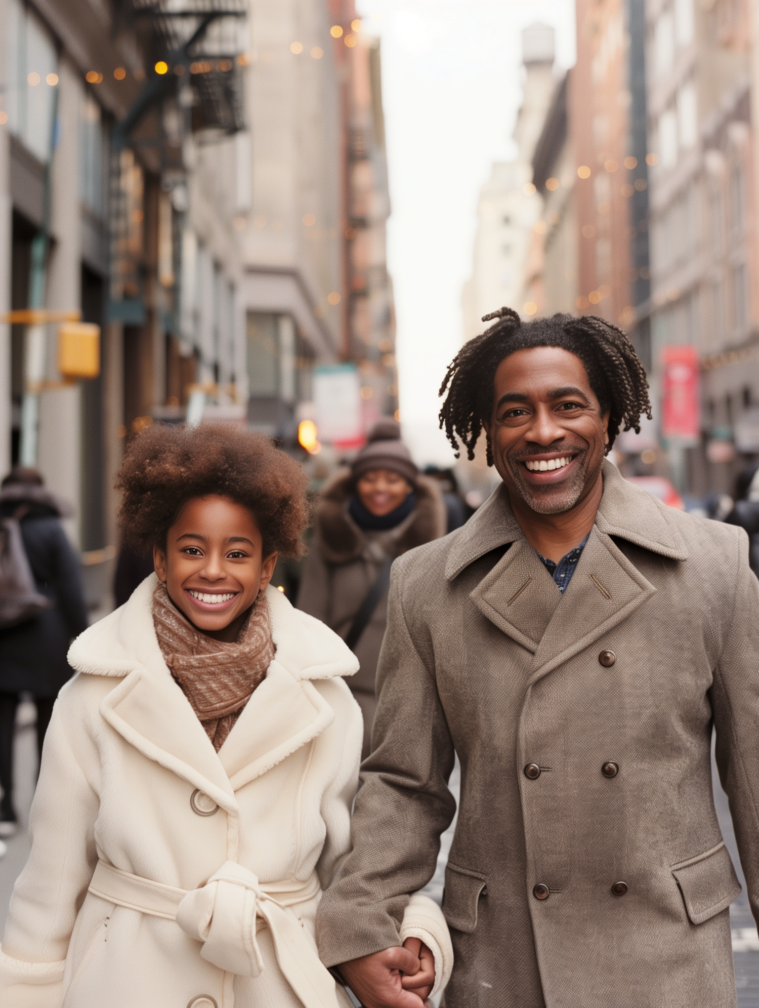 Joyful Father and Daughter in Urban Winter Setting