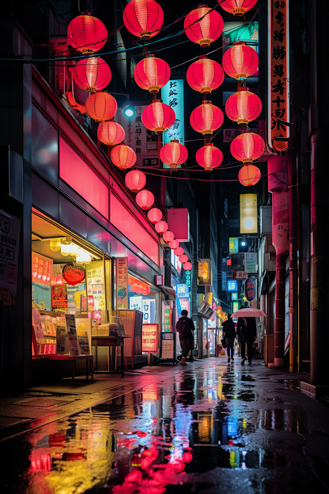 Rain-Glistened East Asian Lantern Street at Night