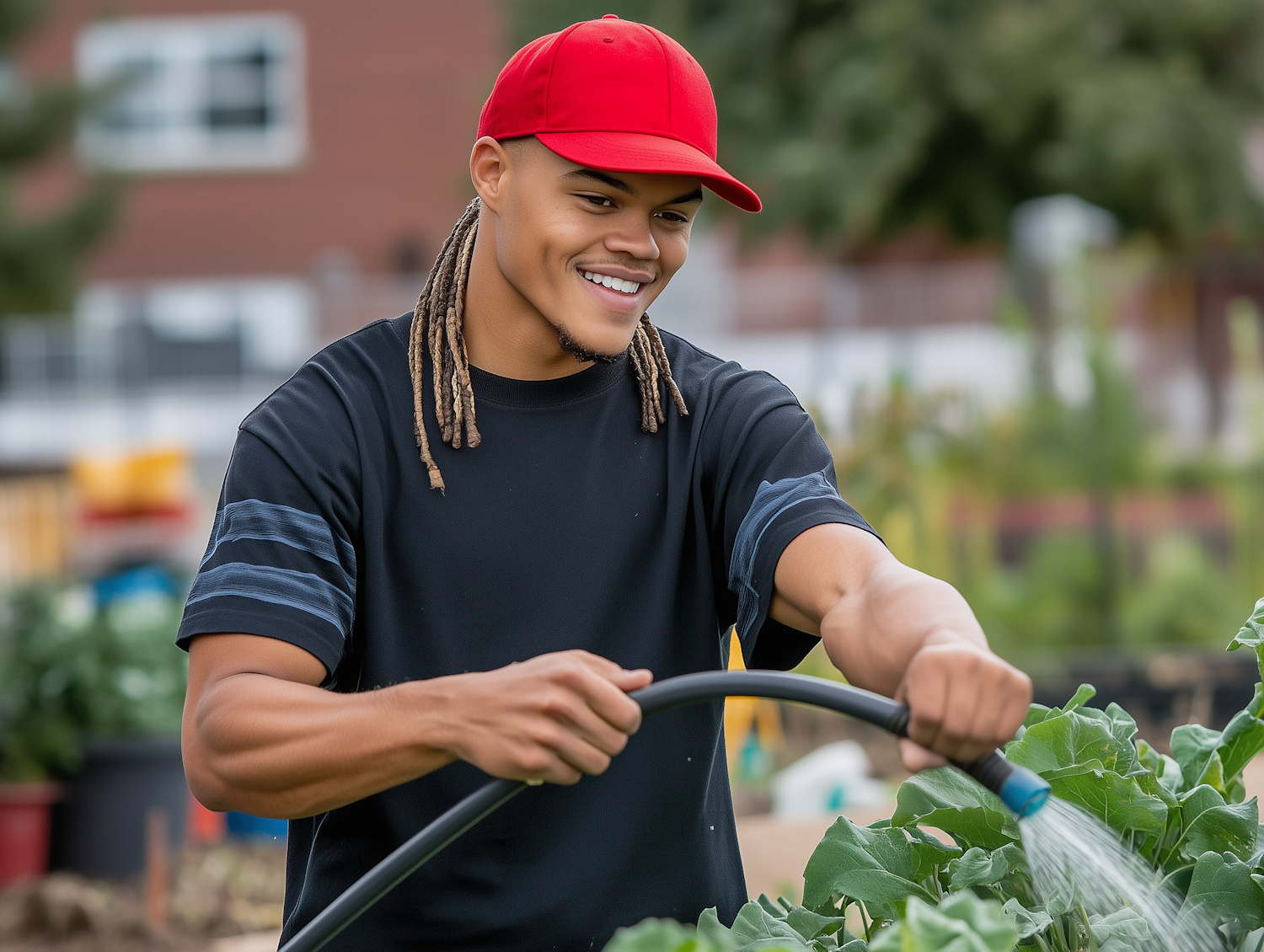 Young Man Watering Plants in Garden