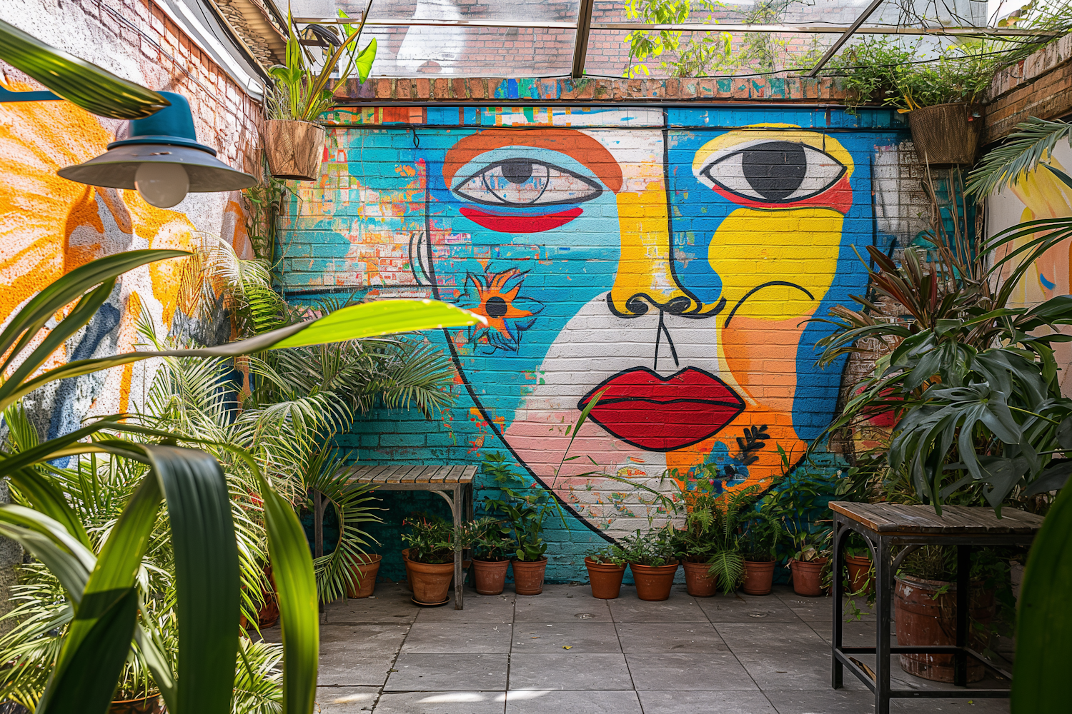 Urban Garden with Colorful Wall Mural