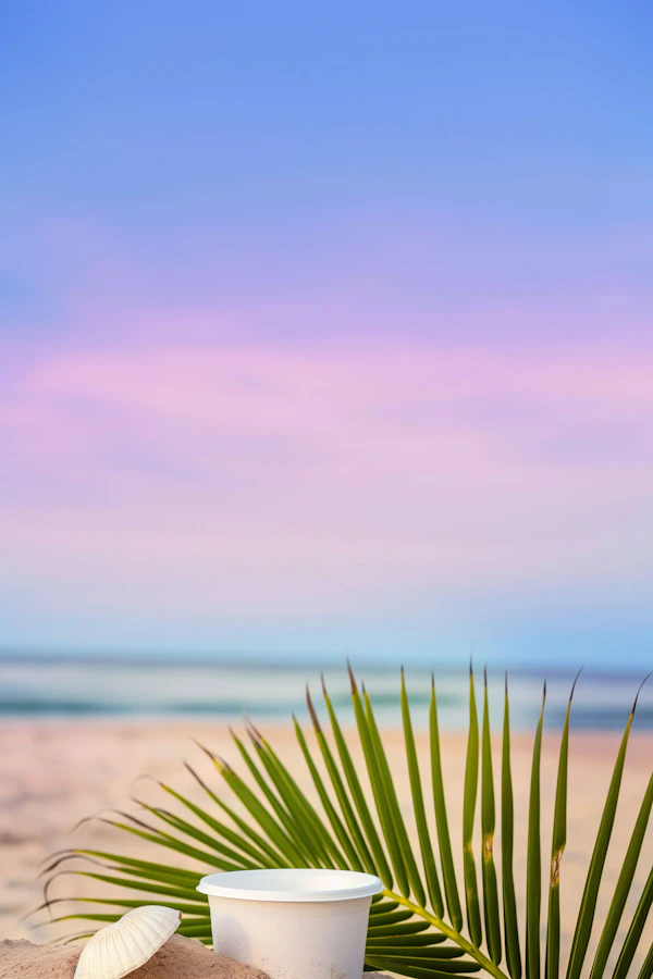 Serene Beach Scene with Coffee Cup