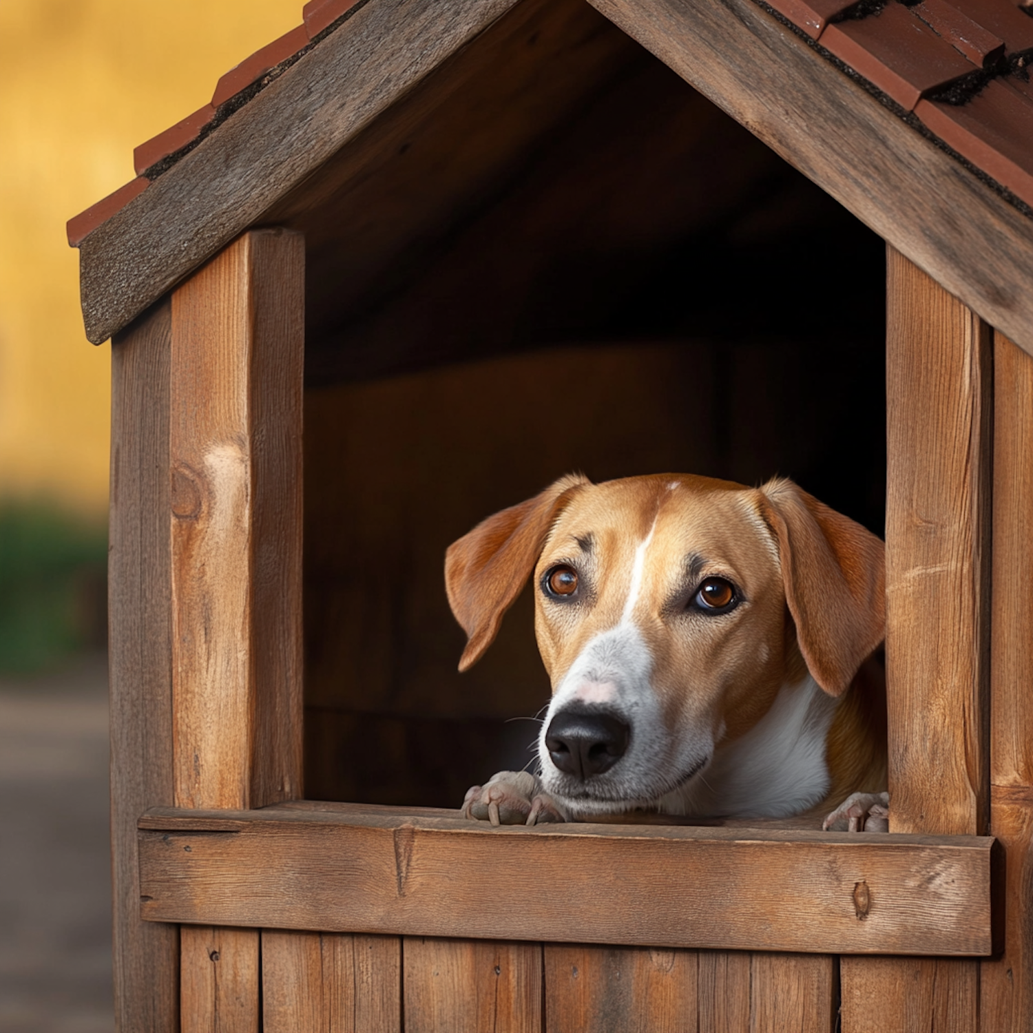 Curious Dog in Doghouse