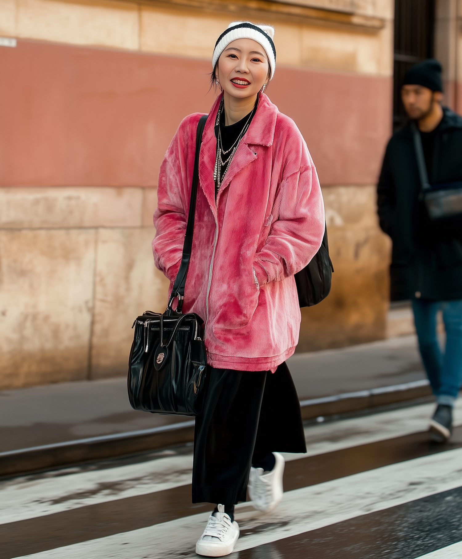 Young Woman in Vibrant Pink Coat