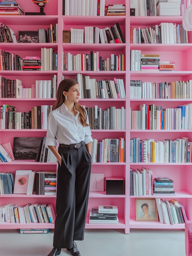 Confident Woman in Front of Pink Bookshelf